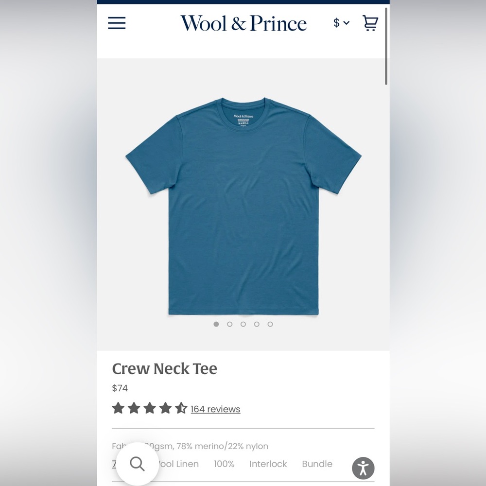 Wool & Prince Ocean Teal Men’s Medium Crew Neck Tee